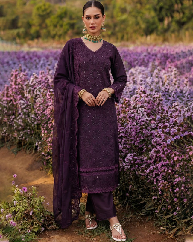 Fancy Sequins Chikankari Work Lawn 3Pc Unstitched - Abisha Fabrics