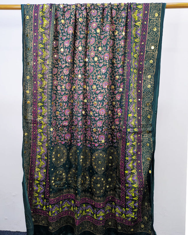 Handmade Golden Mukesh + Block Print Work Silk Dupatta (Ready To Wear)