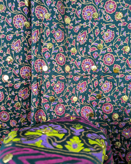 Handmade Golden Mukesh + Block Print Work Silk Dupatta (Ready To Wear)