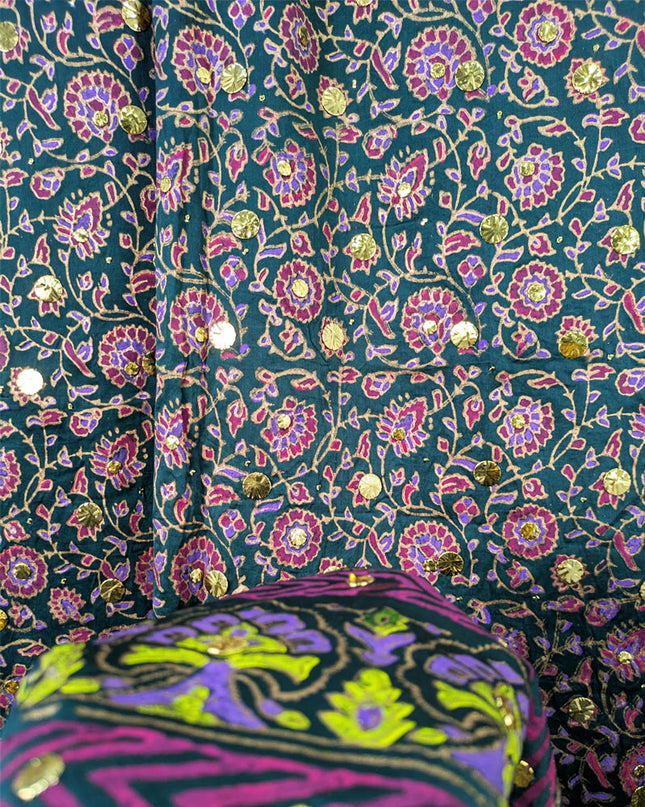 Handmade Golden Mukesh + Block Print Work Silk Dupatta (Ready To Wear)