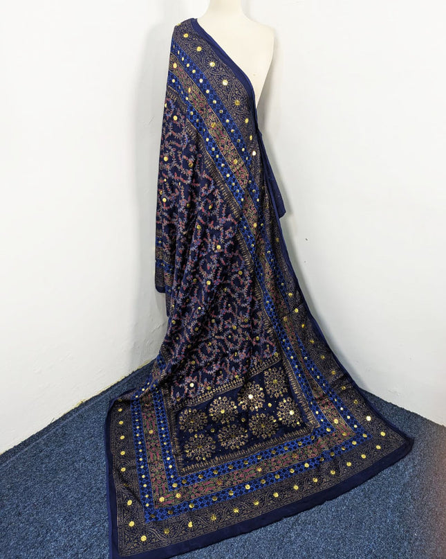 Fancy Silk with Handmade Golden Mukesh + Block Print Work Dupatta