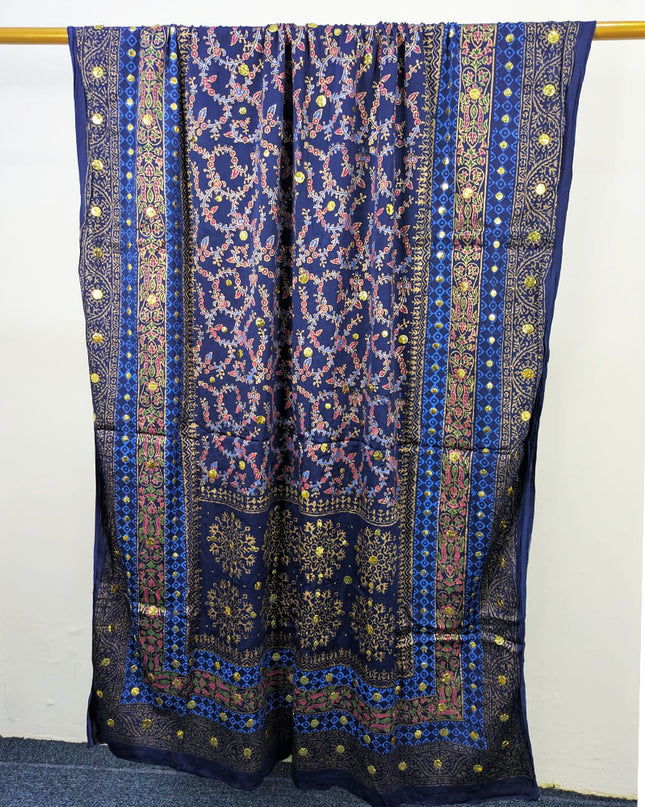 Fancy Silk with Handmade Golden Mukesh + Block Print Work Dupatta
