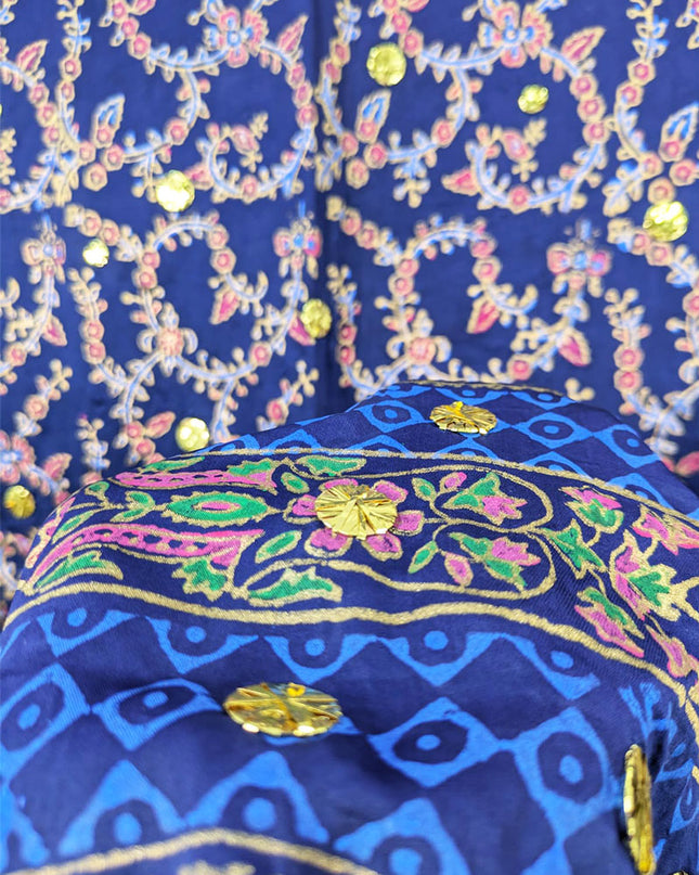 Fancy Silk with Handmade Golden Mukesh + Block Print Work Dupatta