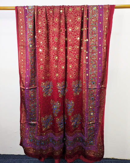 Silk with Handmade Golden Mukesh + Block Print Work Dupatta (Ready To Wear)