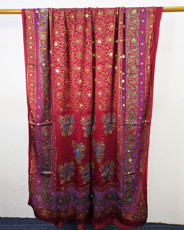 Silk with Handmade Golden Mukesh + Block Print Work Dupatta (Ready To Wear)