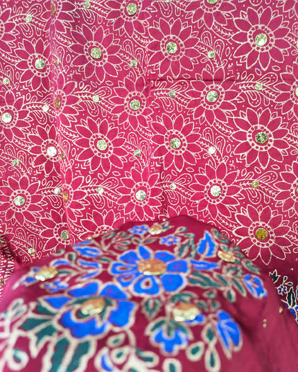 Silk with Handmade Golden Mukesh + Block Print Work Dupatta (Ready To Wear)