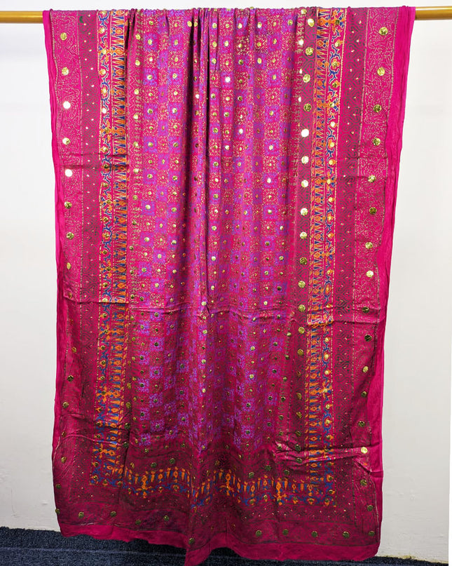 Handmade Golden Mukesh + Block Print Work Silk Dupatta (Ready To Wear)