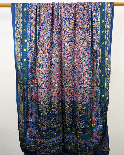 Fancy Silk with Handmade Golden Mukesh + Block Print Work Dupatta