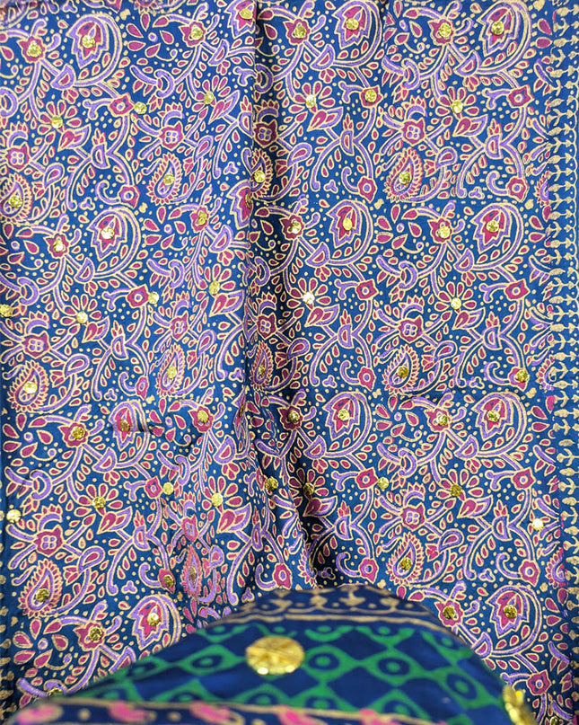 Fancy Silk with Handmade Golden Mukesh + Block Print Work Dupatta