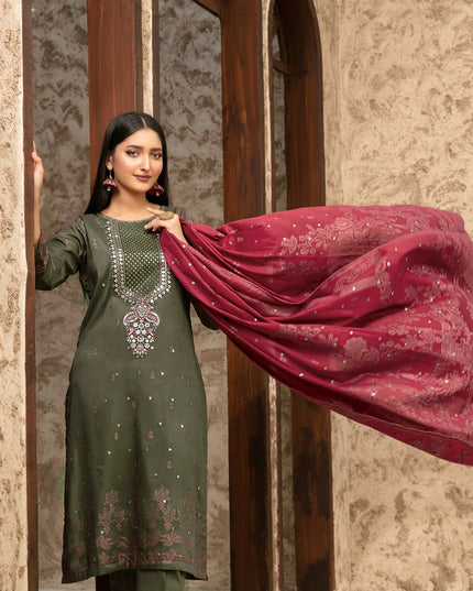 Embroidered Broshia Banarsi Lawn Shirt & Dupatta 3Pc Unstitched - Tawakkal (Raahee)