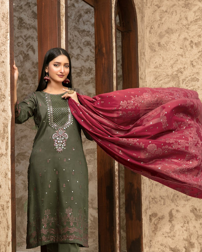 Embroidered Broshia Banarsi Lawn Shirt & Dupatta 3Pc Unstitched - Tawakkal (Raahee)