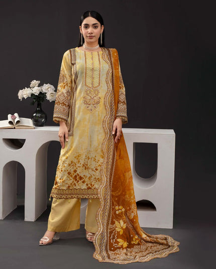 Printed Slub Lawn with Makhmal Laserwork Dupatta 3Pc - Gull e Rukh (Outline) Book #641