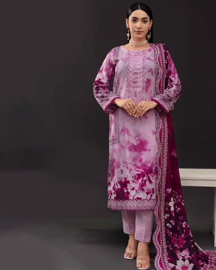 Printed Slub Lawn with Makhmal Laserwork Dupatta 3Pc - Gull e Rukh (Outline) Book #641