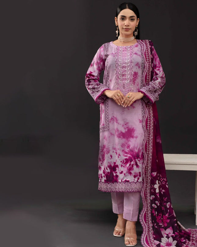 Printed Slub Lawn with Makhmal Laserwork Dupatta 3Pc - Gull e Rukh (Outline) Book #641