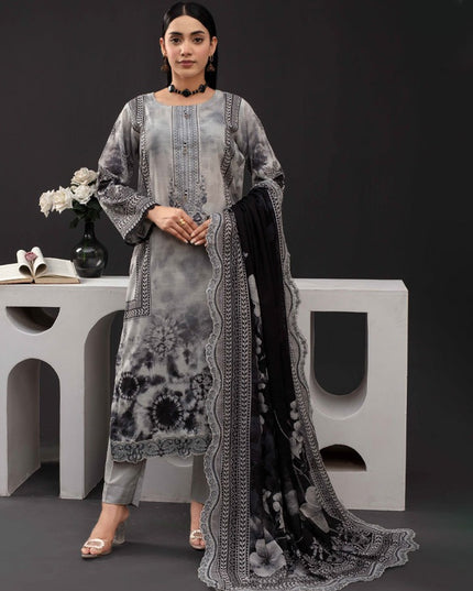 Printed Slub Lawn with Makhmal Laserwork Dupatta 3Pc - Gull e Rukh (Outline) Book #641