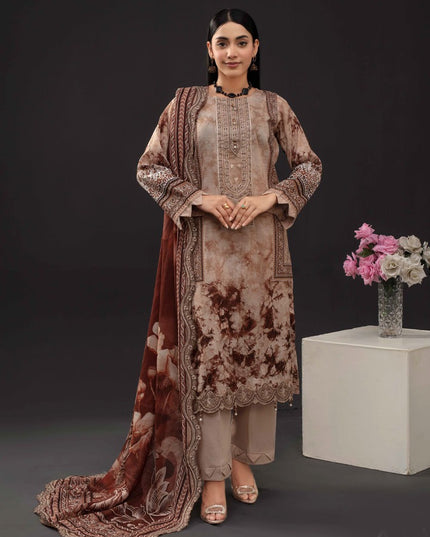 Printed Slub Lawn with Makhmal Laserwork Dupatta 3Pc - Gull e Rukh (Outline) Book #641