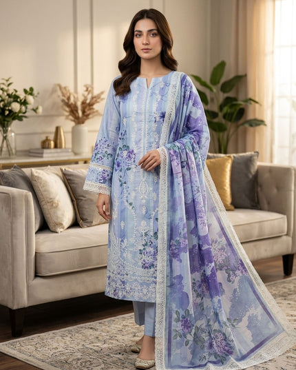 Embroidered + Digital Printed Slub Lawn with Diamond Dupatta - AADarsh (Huma)