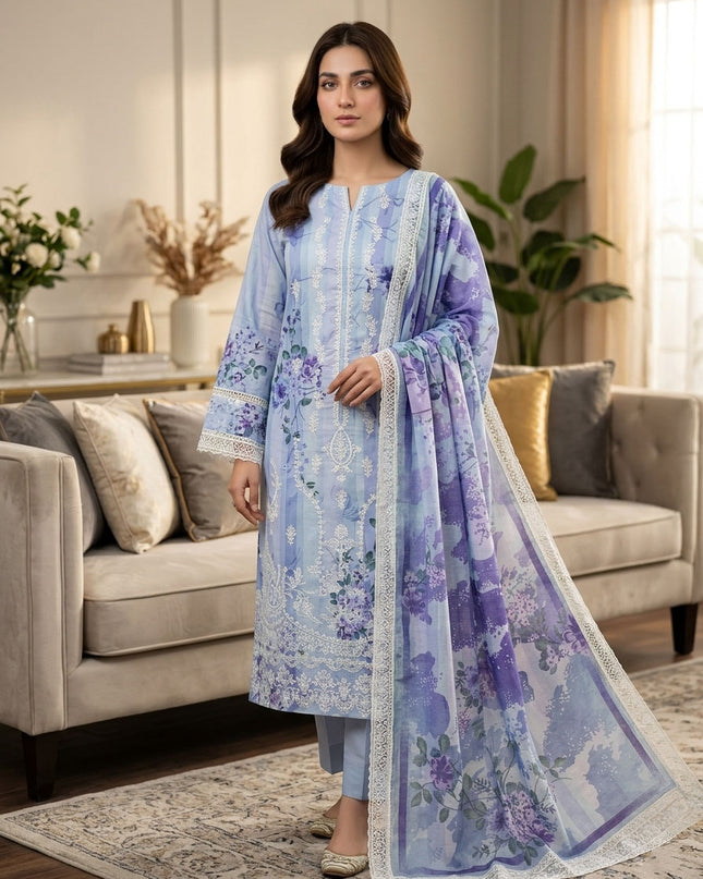 Embroidered + Digital Printed Slub Lawn with Diamond Dupatta - AADarsh (Huma)