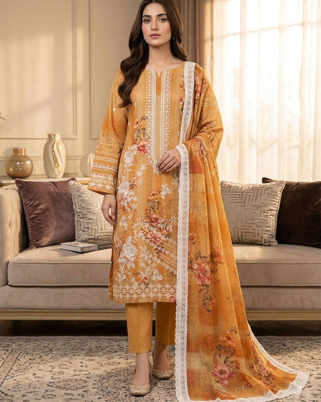 Embroidered + Digital Printed Slub Lawn with Diamond Dupatta - AADarsh (Huma)