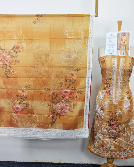 Embroidered + Digital Printed Slub Lawn with Diamond Dupatta - AADarsh (Huma)