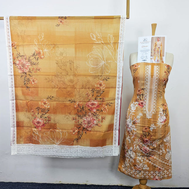 Embroidered + Digital Printed Slub Lawn with Diamond Dupatta - AADarsh (Huma)
