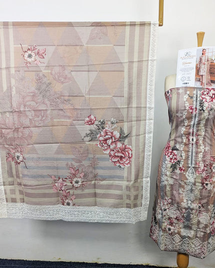Embroidered + Digital Printed Slub Lawn with Diamond Dupatta - AADarsh (Huma)
