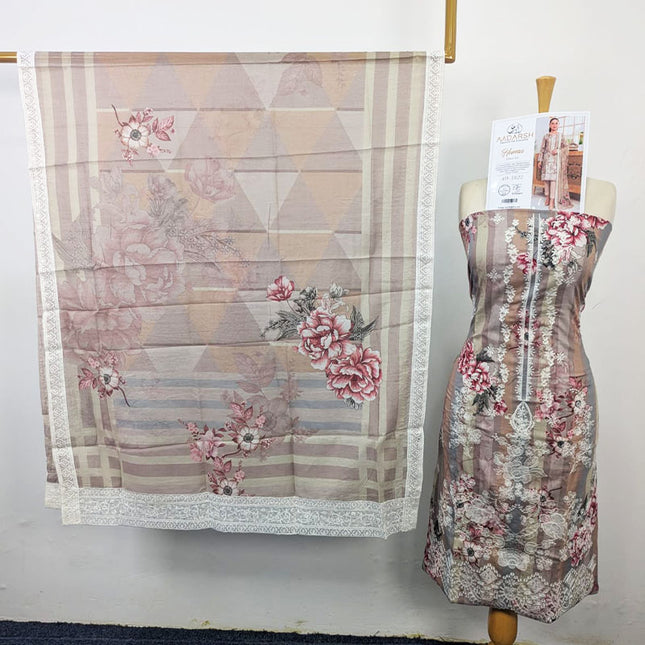 Embroidered + Digital Printed Slub Lawn with Diamond Dupatta - AADarsh (Huma)