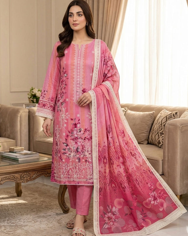 Embroidered + Digital Printed Slub Lawn with Diamond Dupatta - AADarsh (Huma)