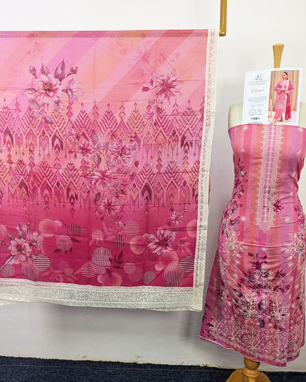 Embroidered + Digital Printed Slub Lawn with Diamond Dupatta - AADarsh (Huma)