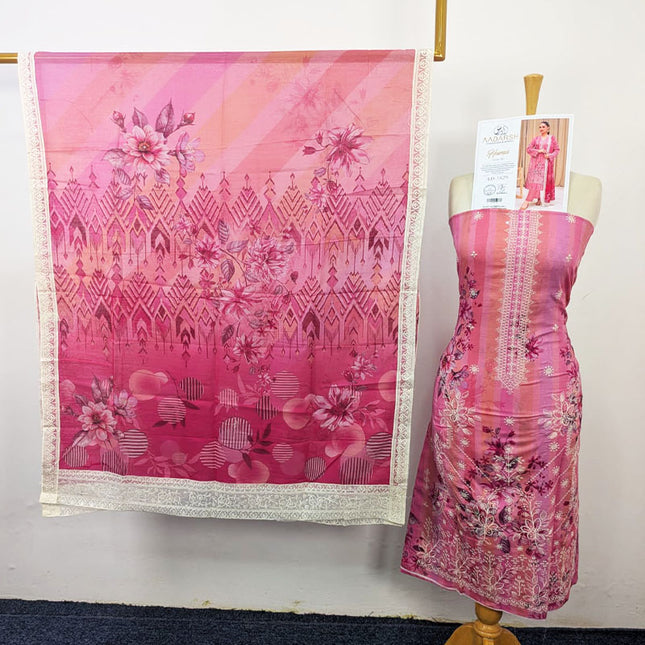 Embroidered + Digital Printed Slub Lawn with Diamond Dupatta - AADarsh (Huma)