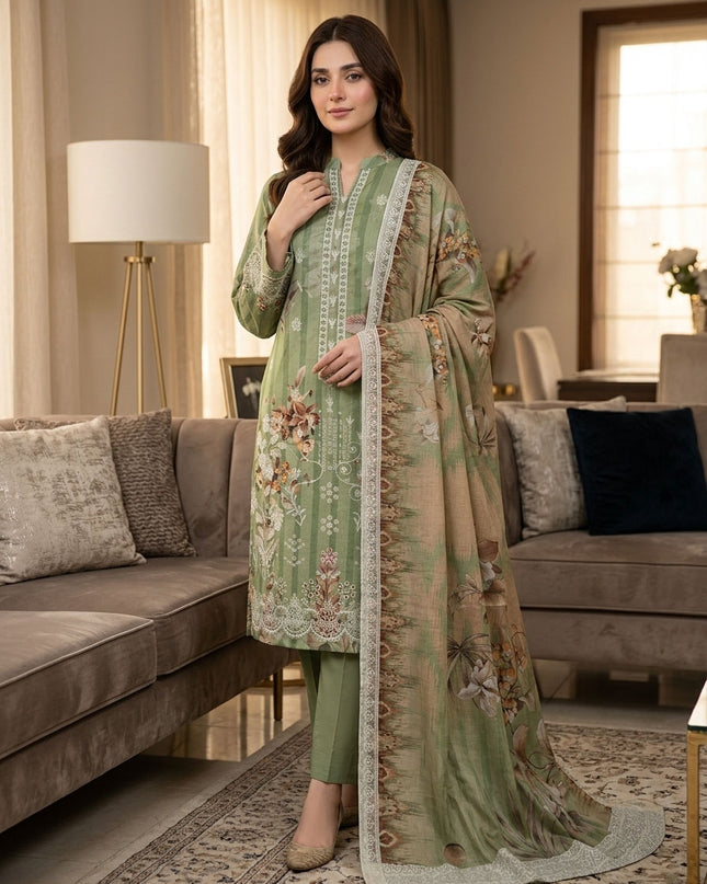 Embroidered + Digital Printed Slub Lawn with Diamond Dupatta - AADarsh (Huma)