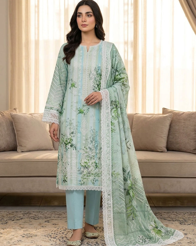 Embroidered + Digital Printed Slub Lawn with Diamond Dupatta - AADarsh (Huma)