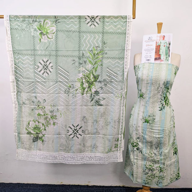 Embroidered + Digital Printed Slub Lawn with Diamond Dupatta - AADarsh (Huma)