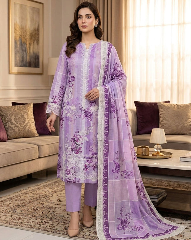 Embroidered + Digital Printed Slub Lawn with Diamond Dupatta - AADarsh (Huma)
