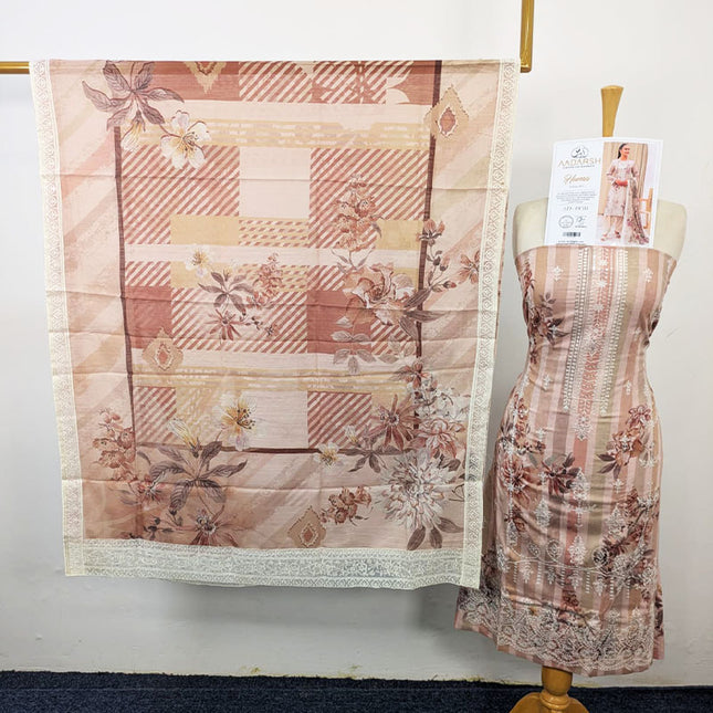 Embroidered + Digital Printed Slub Lawn with Diamond Dupatta - AADarsh (Huma)