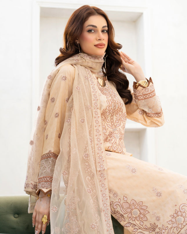 Exclusive Embroidered Self Jaquard Lawn with Net Dupatta - Mah e Rooh (Western Glory)