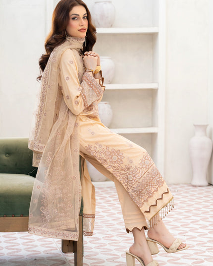 Exclusive Embroidered Self Jaquard Lawn with Net Dupatta - Mah e Rooh (Western Glory)