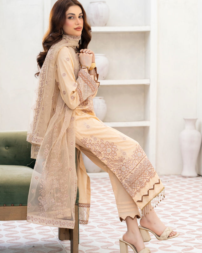 Exclusive Embroidered Self Jaquard Lawn with Net Dupatta - Mah e Rooh (Western Glory)