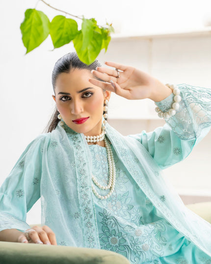 Exclusive Embroidered Self Jaquard Lawn with Net Dupatta - Mah e Rooh (Western Glory)