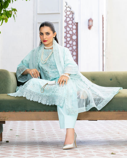Exclusive Embroidered Self Jaquard Lawn with Net Dupatta - Mah e Rooh (Western Glory)