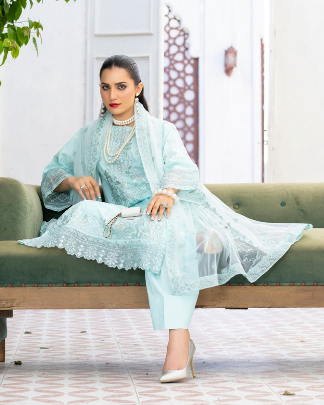 Exclusive Embroidered Self Jaquard Lawn with Net Dupatta - Mah e Rooh (Western Glory)