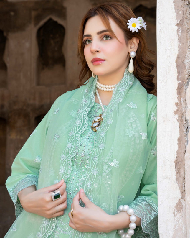 Fancy Embroidered Self Jaquard Lawn + Organza Dupatta - Mah e Rooh (Floral Atelier)