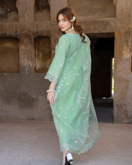 Fancy Embroidered Self Jaquard Lawn + Organza Dupatta - Mah e Rooh (Floral Atelier)