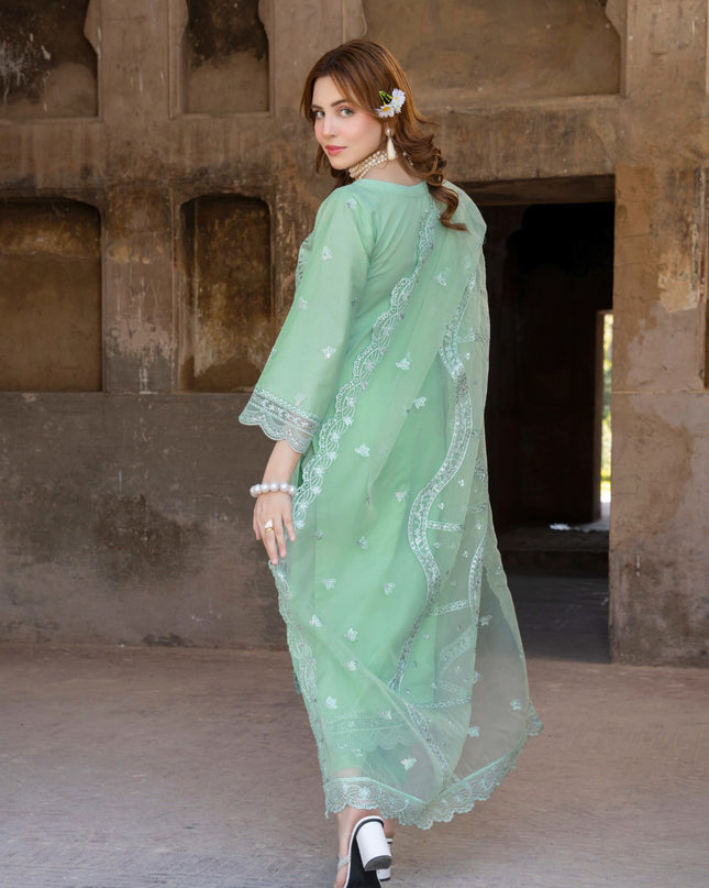 Fancy Embroidered Self Jaquard Lawn + Organza Dupatta - Mah e Rooh (Floral Atelier)