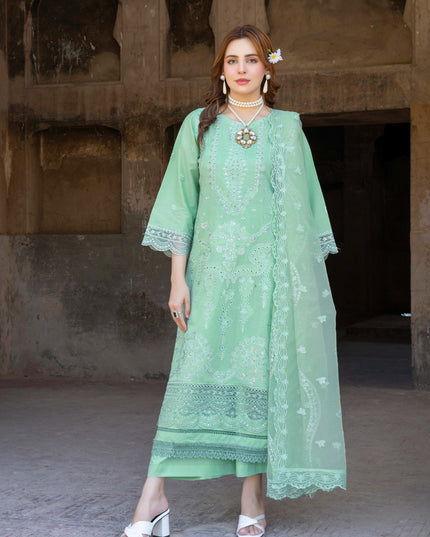 Fancy Embroidered Self Jaquard Lawn + Organza Dupatta - Mah e Rooh (Floral Atelier)