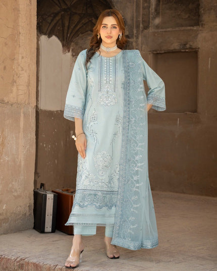Exclusive Embroidered Self Jaquard Lawn + Net Dupatta - Mah e Rooh (Floral Atelier)