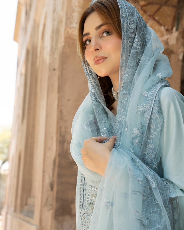 Exclusive Embroidered Self Jaquard Lawn + Net Dupatta - Mah e Rooh (Floral Atelier)