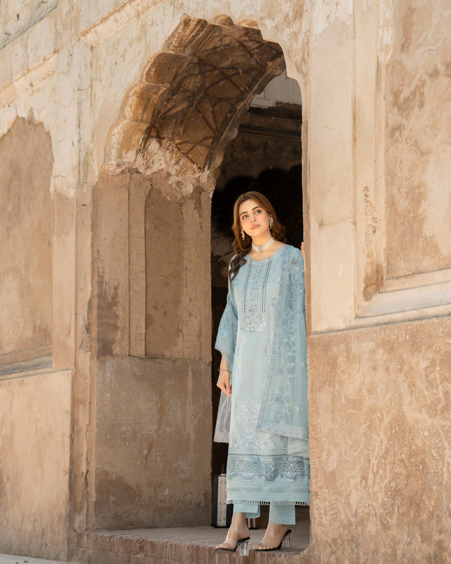 Exclusive Embroidered Self Jaquard Lawn + Net Dupatta - Mah e Rooh (Floral Atelier)