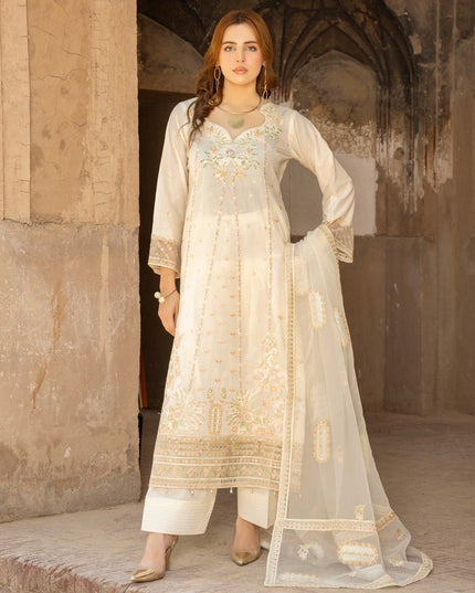 Fancy Embroidered Self Jaquard Lawn + Organza Dupatta - Mah e Rooh (Floral Atelier)