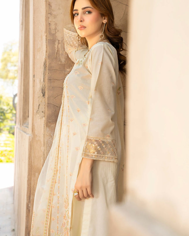 Fancy Embroidered Self Jaquard Lawn + Organza Dupatta - Mah e Rooh (Floral Atelier)